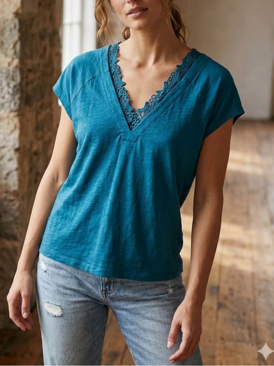 Anthropologie Tops - Stunning Anthropologie Teal Lace-Trim V-Neck Tee cotton